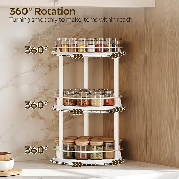 Lazy Susan Organizer, Rotating Spice Rack, 3 Tier Spice Turntable Organizer, Industrial Turntable Spice Holder, for Kitchen Countertop and Cabinet, Compact and Versatile, White SR23WW - Image 3