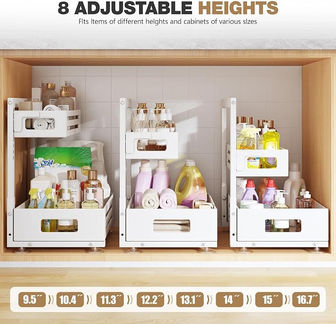 2 Pack Under Sink Organizer,Pull Out Cabinet Organizer With Smooth Cylindrical Rail,Metal Slide Out Drawer for Kitchen Bathroom Laundry Cabinet,8-Level Tool Free Height Adjustable-White - Image 9