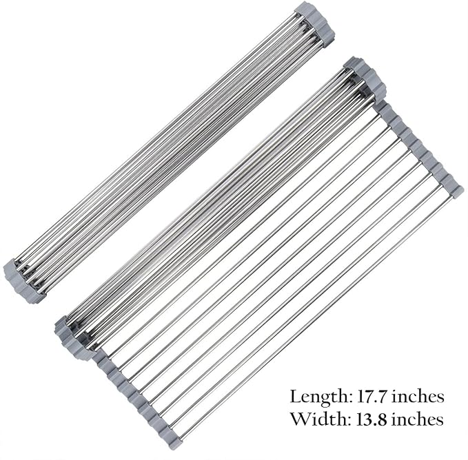 Hhyn Roll-Up Sink Drying Rack 17.7"(L) x 13.8"(W), Gray | Multipurpose Heat Resistant Over The Stainless Steel & Silicone Dish Rollable Kitchen Drainer - Image 3