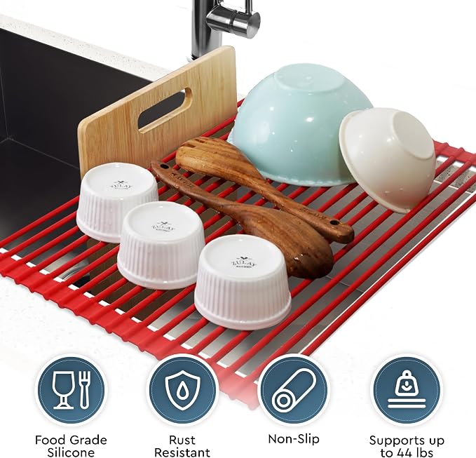 Zulay Kitchen Large Roll Up Dish Drying Rack - Heavy Duty Silicone Wrapped Steel Rods Over Sink Dish Drying Rack - Versatile Roll Up Sink Drying Rack & Trivet - Red,20.5 inches x 13 inches - Image 5