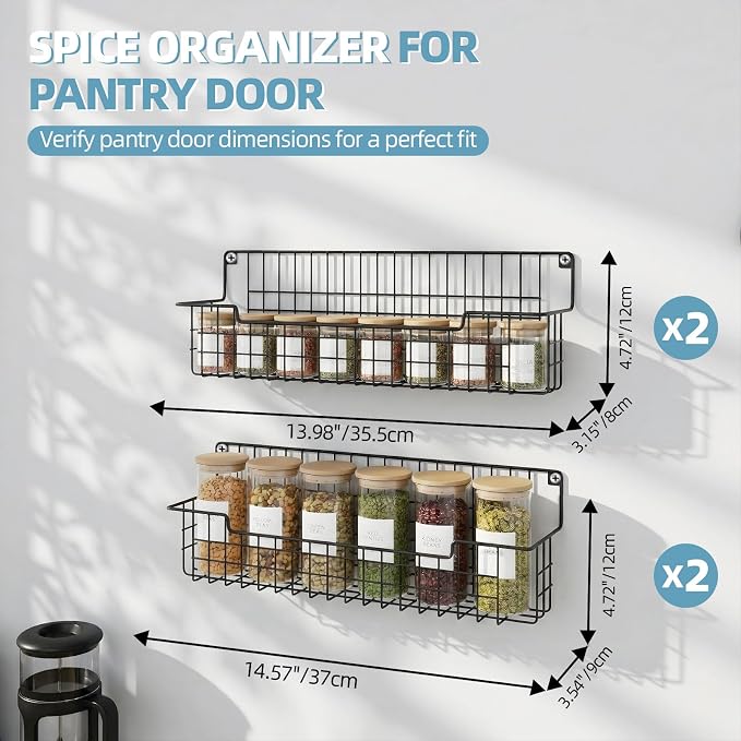 Spice Rack Wall Mount, Spice Organizer for Cabinet & Pantry Door, Set of 4 Hanging Spice Rack Saving Space for Kitchen, Black - Image 2