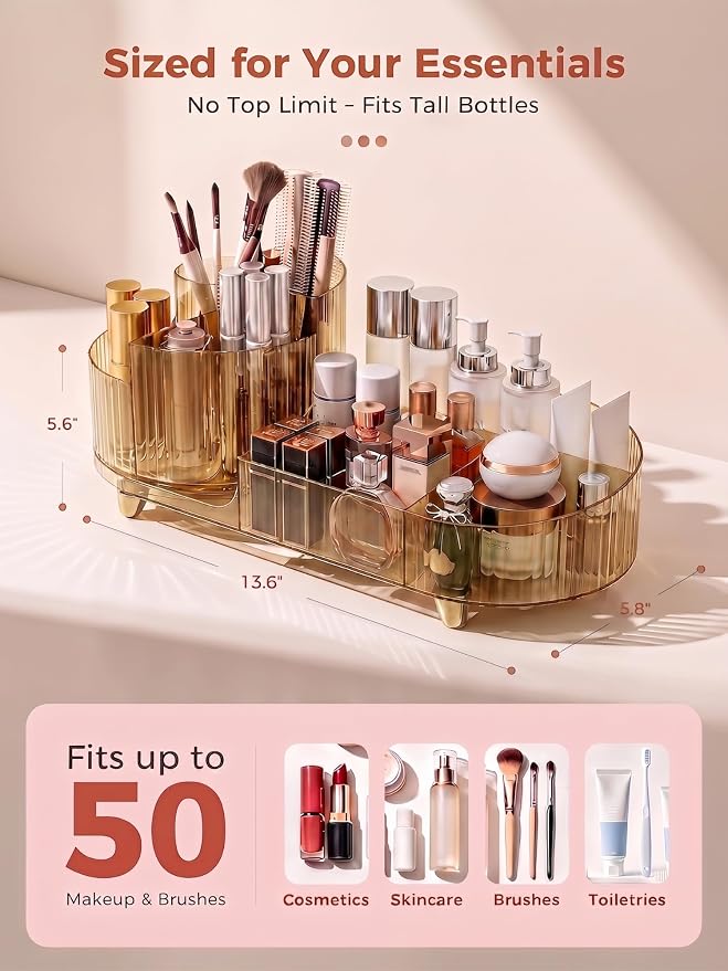 Booklov Rotating Makeup Organizer for Vanity Countertop, Amber | Clear Acrylic Cosmetic Display Case, Large Beauty Brush Holder for Bathroom Counter, Skincare Lipsticks Storage - Image 2
