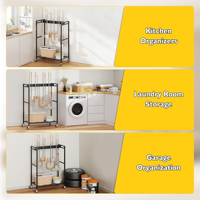 BORISI Broom And Mop Holder, Movable Broom Closet Storage Cabinet, Cleaning Cart with Mop Hanger Gripper Rack, Janitorial Cart, Utility Carts, Laundry Room Organization Home Essentials - Image 8