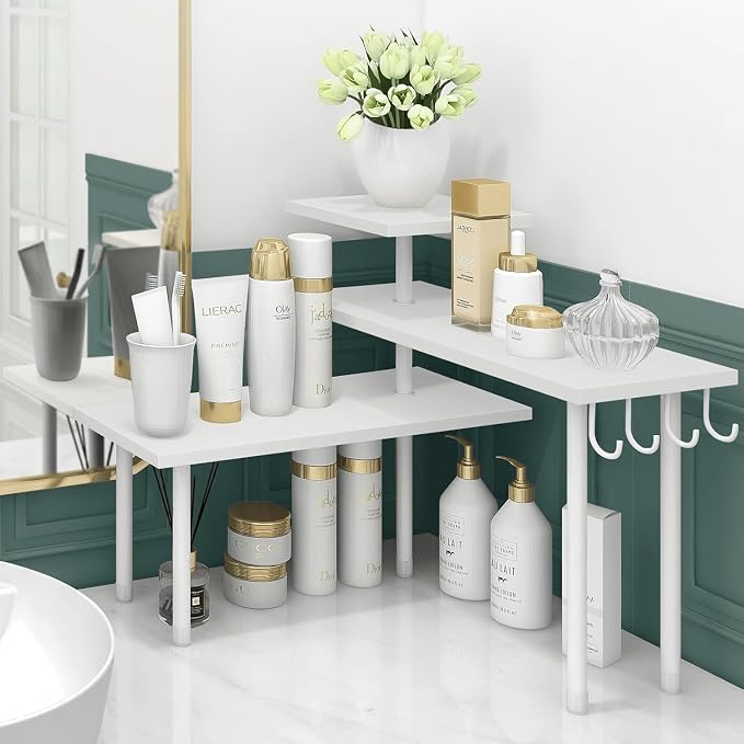 Kitchen Countertop Organizer Corner Shelf, Bathroom Counter Organizers and Storage, 3 Tier Wood Shelf Organizer Space Saver for Make Up, Dresser Table, Desktop, White by Homode