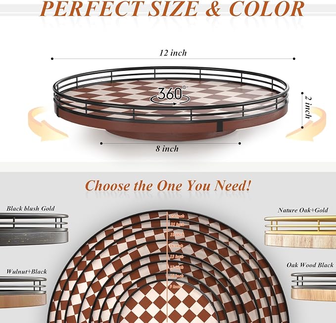 AMH 12-Inch Brown Checkerboard Lazy Susan with Black Metal Rail | Smooth rotating oak tray with walnut finish for dining tables, kitchen counters, pantries and cabinet storage. - Image 6