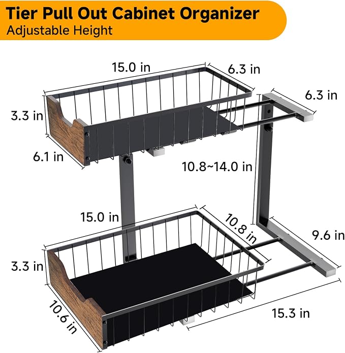 Pull Out Cabinet Organizer 2 Tier Metal Under Sink Organier | Shelf 5 Adjustable Height, Wood Handle, Anti Topple Over, Sturdy Slide out Storage Rack for Bathroom Kitchen Home Pantry - Image 2