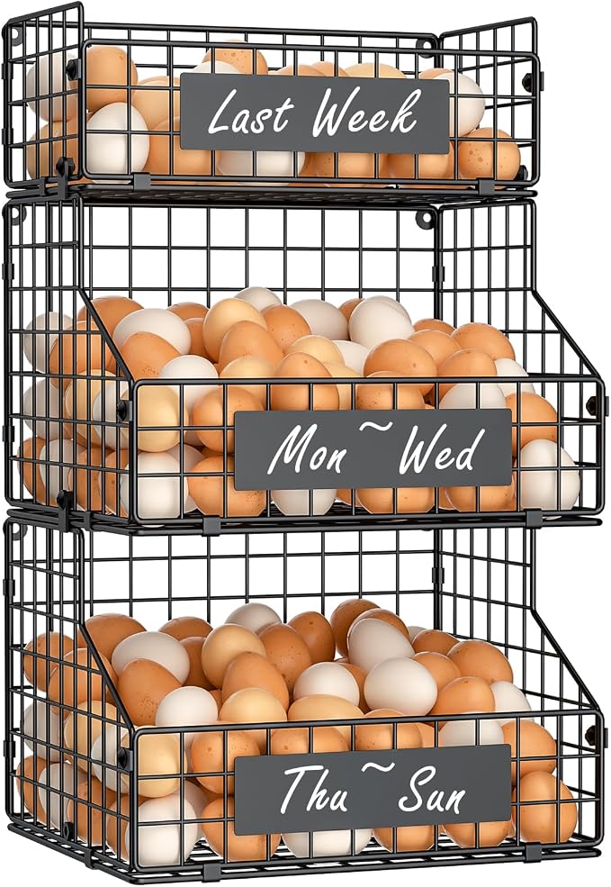 Egg Holder Countertop with DIY Nameplate for Egg Storage, Egg Container | 3-Tier Stackable Wire Baskets, Countertop Egg Organizer for Home & Farm Fresh Eggs, Wall-Mounted, L Size, Patent Pending by keomaisyto