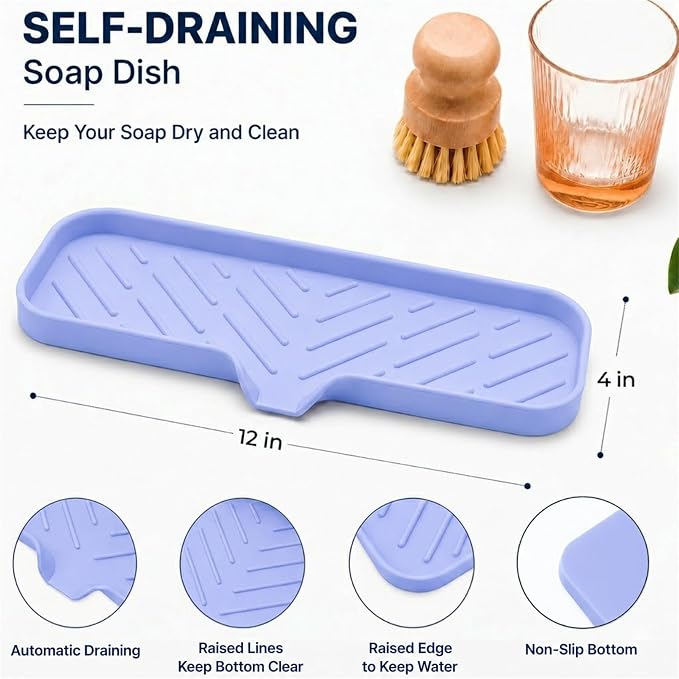 MicoYang Silicone Soap Dish with Drain Spout — Self-Draining Double Sink Organizer Tray for Kitchen & Bath, Dispensers, Sponges & Soap Holder, Non-Slip & Dishwasher Safe, Light Purple (Large, 12"×4") - Image 2