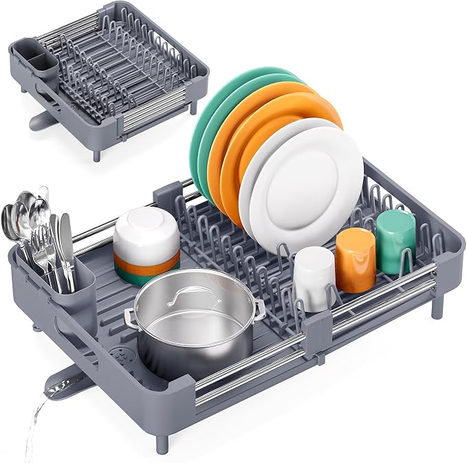 TOOLF Expandable Dish Drying Rack with Cutlery Holder, Standard, Grey | Over or In Sink Stainless Steel Dish Drainers for Compact Kitchen, Space Saving, Fast Drain, Rustproof, For 1-3 people by TOOLF