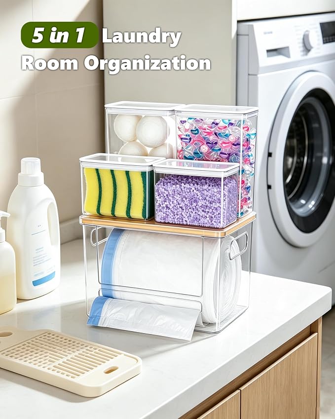 iCASA 5 in 1 Trash Bag Holder Dispenser Dishwasher & Laundry Pods Container | Large Stackable Under Sink Organizer Garbage Bag Dispenser for 13/30/33 Gallon Bags, Kitchen Pantry Clear Storage Bins - Image 2