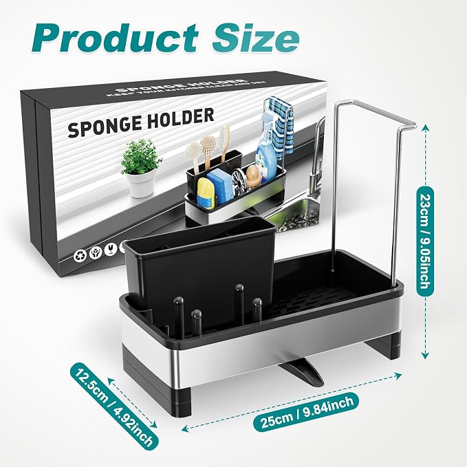 Ewaiira Stainless Steel Sink Caddy, Sponge Holder for Kitchen Sink 9.8″ | with Brush Holder and Towel Rack, Sink Organizer for Countertop, Soap Kitchen Organizers Storage Essentials, Black - Image 2