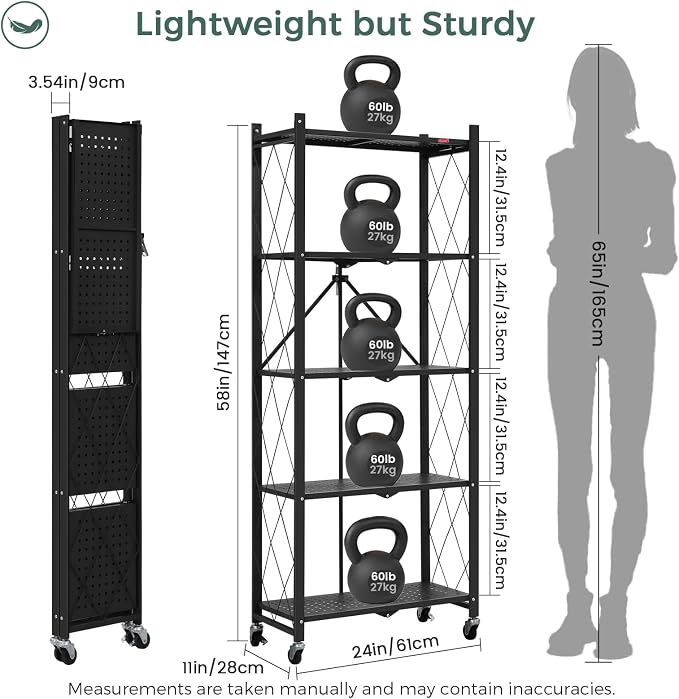 DEANIC 5-Shelf Folding Bookcase with Wheels, Rolling Bookshelf Heavy Duty Storage Shelves, Freestanding Metal Wire Shelving Unit for Living Room, Office, Kitchen, Basement, Pantry (Black) - Image 3