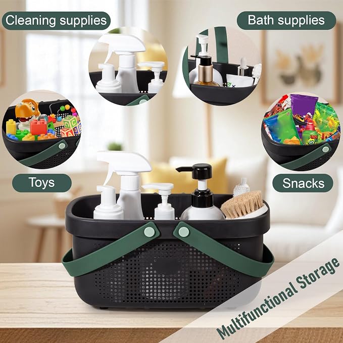 Portable Shower Caddy Basket with Handle Plastic Storage Basket Black Green | Sturdy Drainage Large Capacity Organizer Basket with Silicone Handles for Bathroom Kitchen Bedroom College Dorm Essentials - Image 4