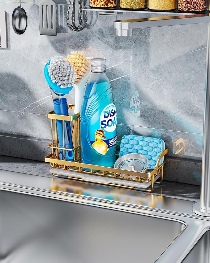 Consumest Sink Caddy, Kitchen Sponge Holder with Dish Brush Holder, Kitchen Sink Organizer with Drip Tray for Countertop, Stainless Steel Rustproof - Gold - Image 7
