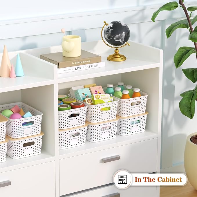 Ohmlove 6 Pack Plastic Storage Baskets with Bamboo Lids for Organization | Stackable Storage bins, Storages Baskets for Organizing Shelves Drawers Desktop Closet Playroom Classroom Office, Cream White - Image 4