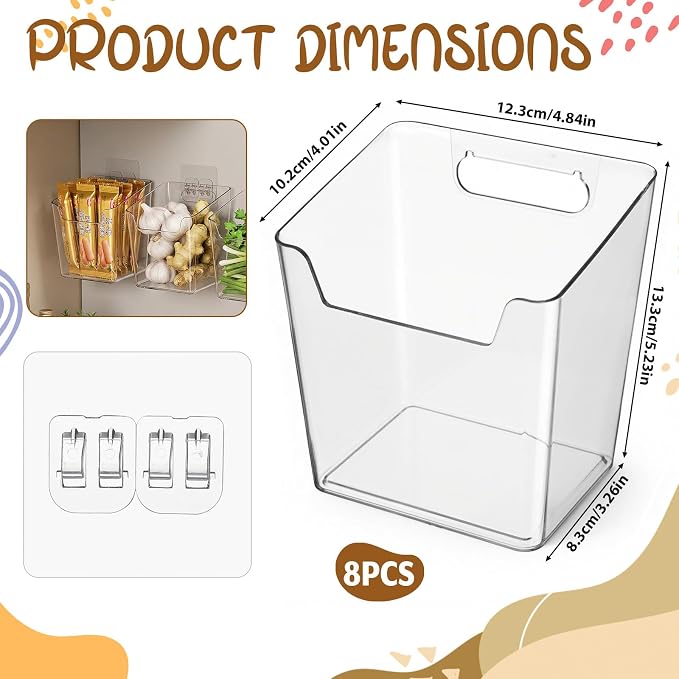 8 Pack Clear Adhesive Wall Storage Bins, Stackable Cabinet Door Organizer Holders, Wall Mount Desktop Pockets for Bathroom Office Kitchen Sink RV Organization - Image 2