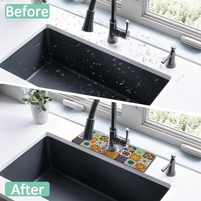 Kitchen Sink Splash Guard Faucet Mat 24" X 5.5" Talavera Mexican Tiles Absorbent Fast Drying Mat Faucet Draining Mat Sink Splash Guard Behind Faucet Drip Catcher for Kitchen Bathroom - Image 7