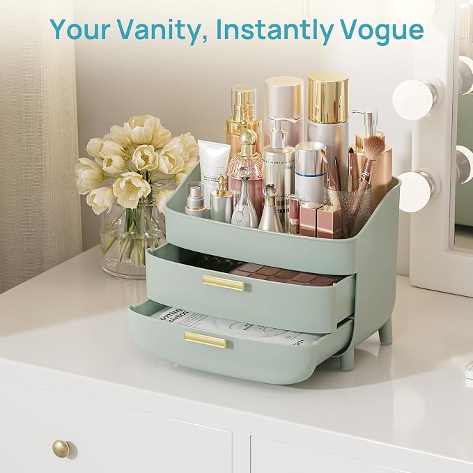 Vtopmart 3-Tier Skincare Makeup Organizer with Drawers, Green | For Vanity and Bathroom Countertop, with Drawers, Large Cosmetic Storage Box Case, , Non-Slip Base - Image 6