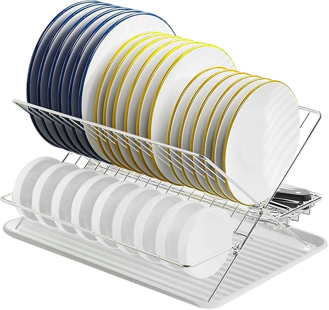 Stainless Steel Foldable Dish Drying Rack, 2 Tier Collapsible Kitchen Rack for Counter, Large Capacity Expandable Dish Drainer Rust Proof by JOKKOL