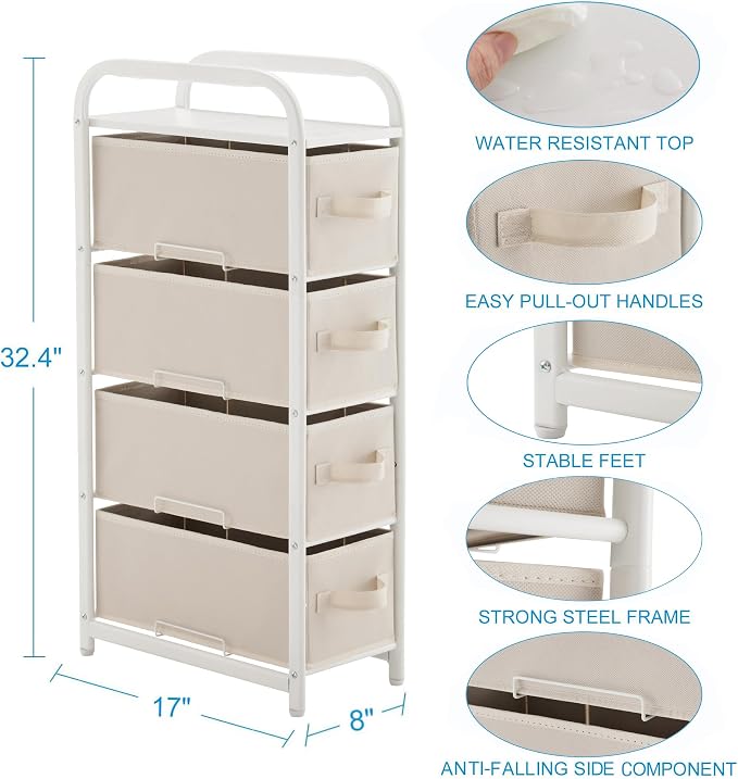 MAX Houser 4 Drawer Narrow Dresser Fabric Storage Tower Vertical Slim Storage Chest Organizer Nightstand Side/End Table Small Standing Organizer Removable Drawers Wood Top for Bedroom, Bathroom(Beige) - Image 3