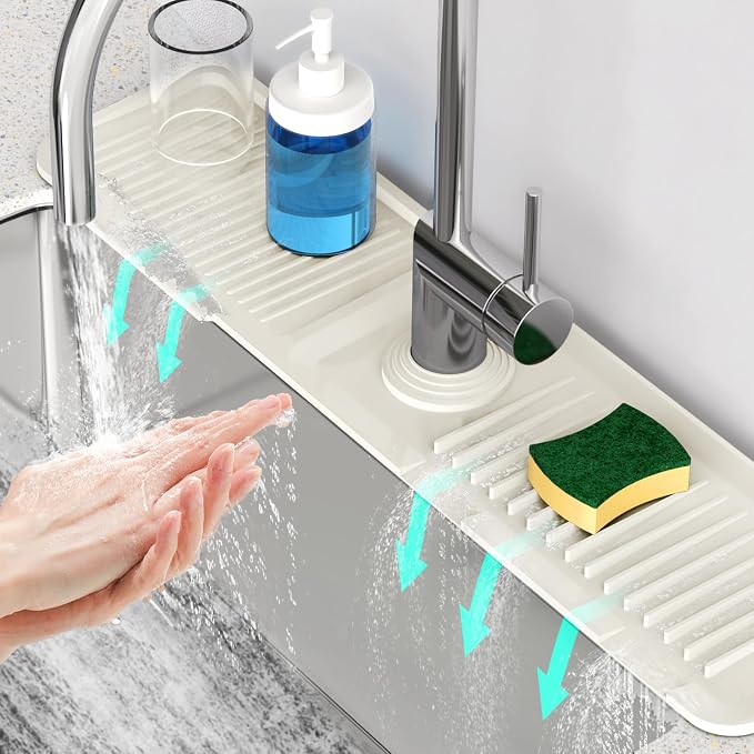24'' Faucet Mat for Kitchen Sink [5°Slope Fast Self-draining] Faucet Mat Kitchen Sink Splash Guard Silicone Sink Faucet Mat Splash Guard Kitchen Sink Area Tidy Splash Faucet Guard Draining Mat-Beige by Snoquir