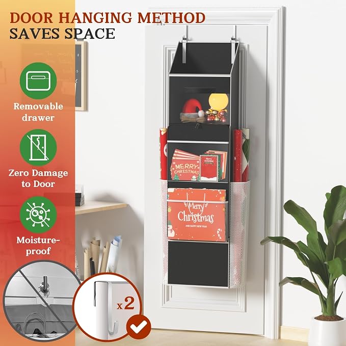 2-in-1 Wrapping Paper Organizer Storage, Over Door or Under Bed Organizer with Removable Drawer & 4 Clear Pockets Wrap Storage for Ribbons, Bows, Ornament and Other Tools - Image 6