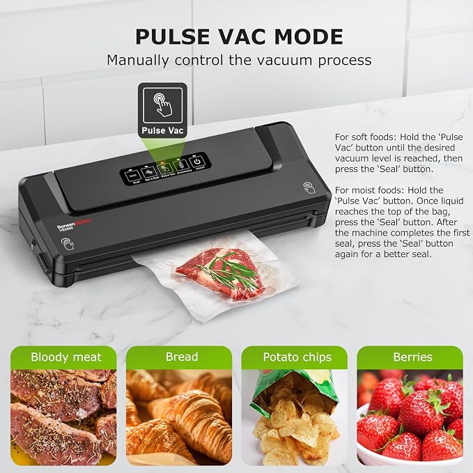 Bonsenkitchen Vacuum Sealer Machine With 5 Vacuum Bags,Black | Compact Food Sealer for Sous-Vide & Meal Prep,Multiple Modes,External Vacuum System,6x Longer Freshness - Image 5