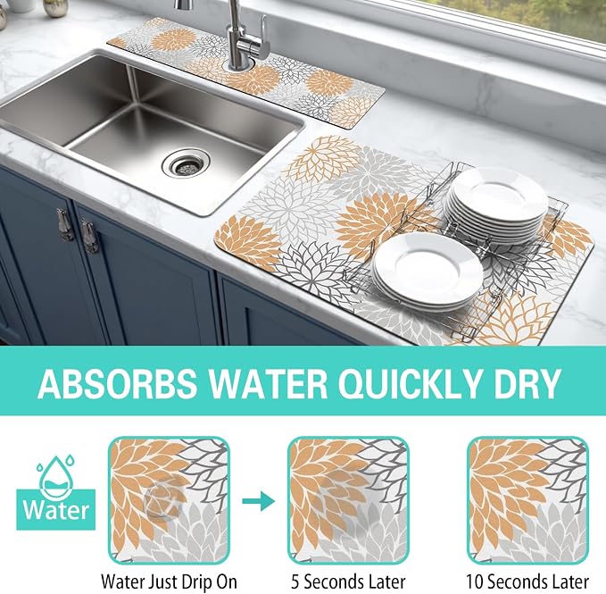 Dish Drying Mat for Kitchen Counter Matt, 2PCS 19"x12" Dish Drainer Mat & 24"x5.5" Sink Splash Guard, Super Absorbent Non-slip Rubber Backed - Image 3
