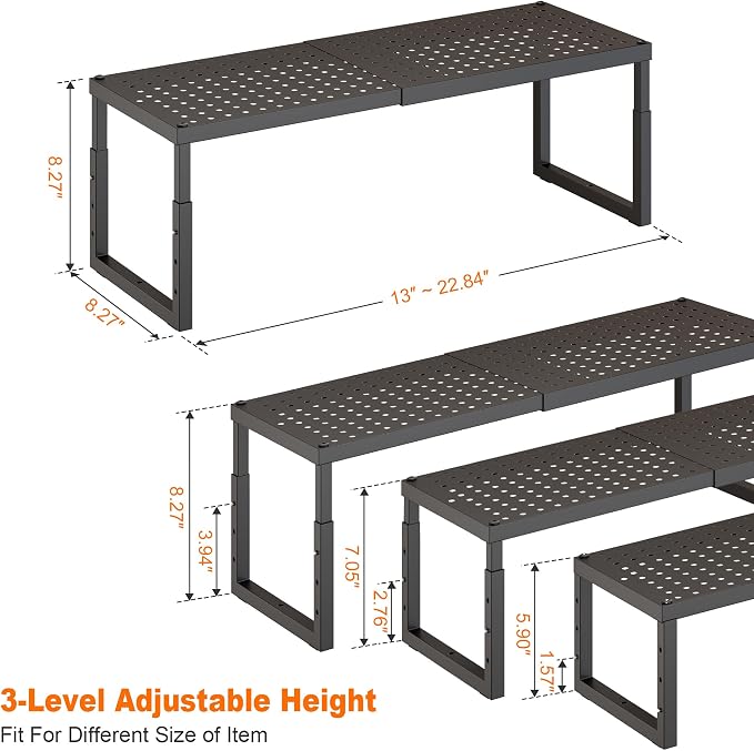 Shelf Organizer Riser For Cabinet Pantry Kitchen Countertop Cupbaord Closet | Expandable Width, Adjustable Height, Stackable As 2-Tier Shelf Rack, Snap-Button: Easily Adjust Height, Heavy Duty Metal - Image 6