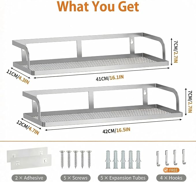 PUSDON 2-Pack 16.5" Extra Long Slim Hollowout Shower Caddy, Wall Mount Spice Rack & Bathroom Organizer, Mesh Bottom Cabinet Door Shelf Holds 50LBS - Silver Gray, Hollowout - Image 3