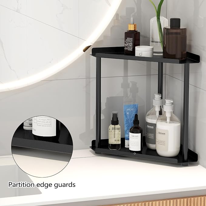 FLE Corner Bathroom Counter Organizer, Bathroom Organizer Countertop Black | 2 Tier Corner Shelf, Tabletop Mount,Waterproof Solid Shelf Fits Bathroom Toiletries and Kitchen Condiment Storage - Image 6