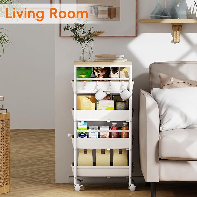 5-Tier Kitchen Storage Cart, Wood Top Rolling Cart Organizer with Pull-Out Baskets & Wheels, Metal Snack Cart with Holder for Fruit, Vegetable, Microwave, Kitchen, Pantry, White - Image 4