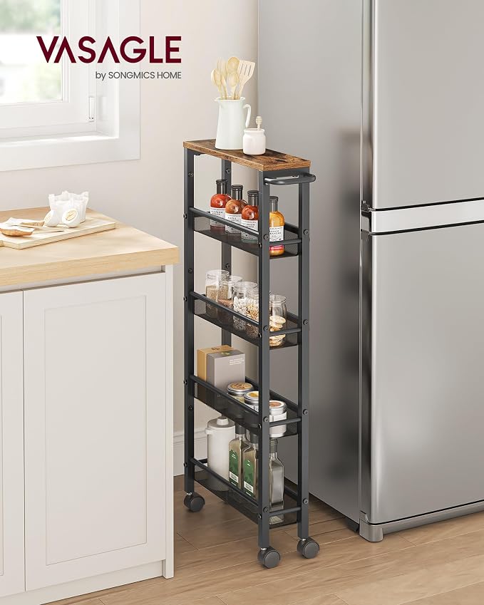 VASAGLE Slim Rolling Cart, 5-Tier Storage Cart, Narrow Carts with Handle, 5.1 Inches Deep, Metal Frame, for Kitchen, Dining Room, Living Room, Home Office, Rustic Brown and Classic Black ULRC034B01 - Image 2