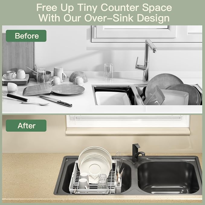 White Dish Drying Rack Over The Sink with Utensil Holder, Mat | Expandable Stainless Steel Dish Drainer for Small Kitchen, Apartment, RV, Counter Space Saving, Perfect Fit, Rustproof - Image 3