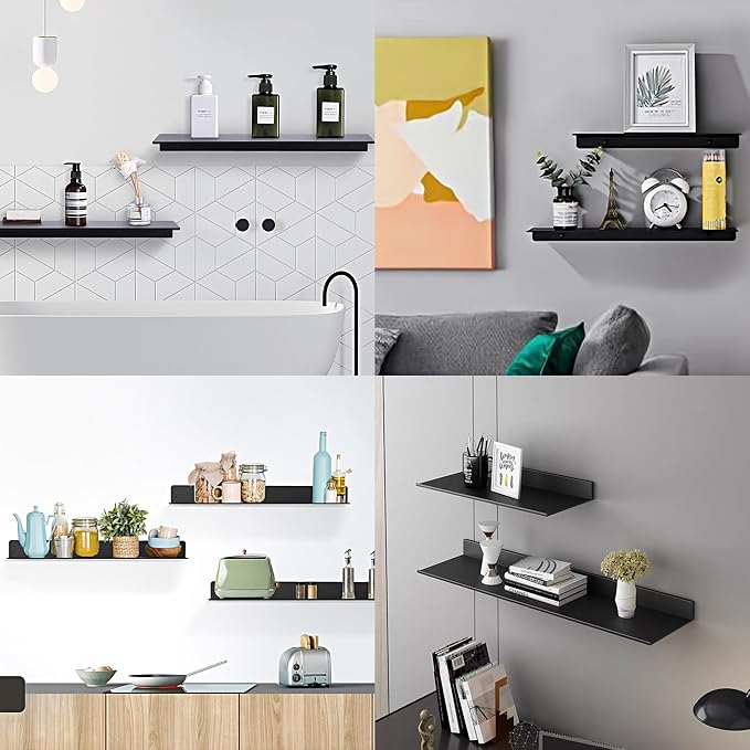 HNVNER Adhesive Shower Caddy Shelves 30cm, Metal Bathroom Wall Shelf | Black Floating Shelves 2 Pack, Renter-friendly, Drill/No Drill, Aerospace Aluminum, Rustproof & Waterproof, Supports 5kg - Image 7