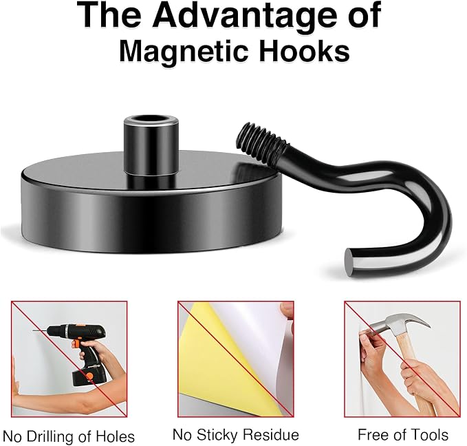 Magnetic Hooks 85Lbs Heavy Duty Magnets with Hook for Cruise Cabin | Strong Magnet Hooks for Hanging Super Metal Magnetic Hanger for Grill Fridge Kitchen Pack of 6 Black - Image 5
