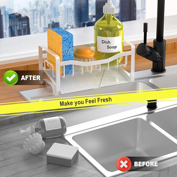 Stainless Steel Kitchen Sink Caddy Organizer with Auto Drain Tray, Sponge Holder for Countertop Storage (White) - Image 5