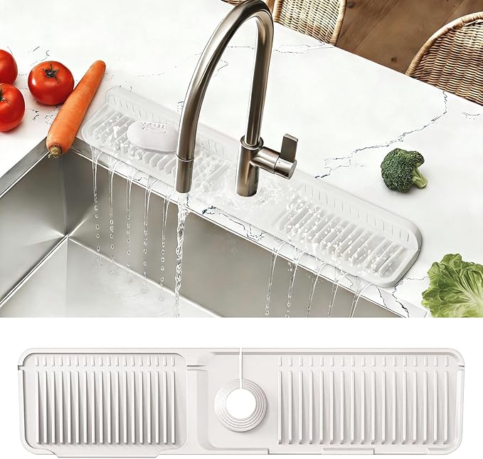 24 Inch Upgraded Draining Mat Folding faucet Mat for Bathroom Sink Splash Guard 7° Slope with Button Lock Water Draining Pad for Kitchen Bathroom Bar(Beige) by KicthMap
