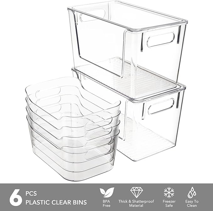 Tiawudi Set of 6 Clear Plastic Storage Bins, 2 Large Stackable Oraganizer with Open Front & Lid, 4 Small Storage Container for Pantry Organization, Multi-Use Organizer Bins for Home, Kitchen, Cabinet - Image 3