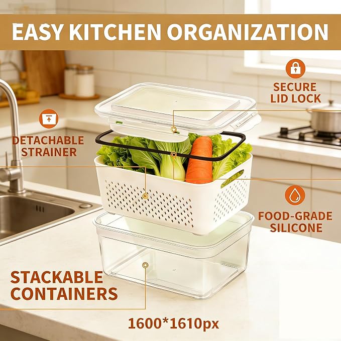 Fruit storage containers for fridge, with detachable drainer basket and airtight seal, stackable produce organizer, prolongs freshness of berries, greens, meats - Image 3