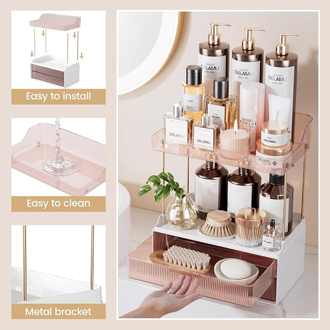 Delamu 4-Tier Makeup Organizer, Bathroom Counter, 2 Drawers, Grapefruit | Elegant Vanity Organizer Gift for Women, Holds Perfume, Skincare, Nail Polish & Hair Accessories for Bathroom Countertop - Image 6