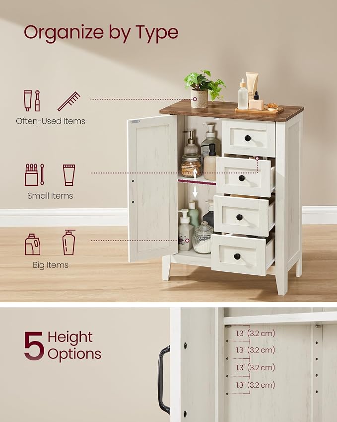 VASAGLE LIRY Collection - Storage Cabinet, Farmhouse Bathroom Floor Cabinet with 4 Drawers, Freestanding Storage Organizer, Barn Door, Adjustable Shelf, Rustic White, UBBK753W01 - Image 4