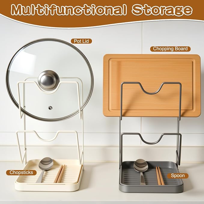 Kitchen Pot Lid Storage Rack, Double-Layer Pot Lid Organizer with Removable Drip Tray,Pot Lid Holder While Cooking,Space-Saving kitchen Countertop Organizer Storage for Pots Pans & Cutting Boards - Image 5