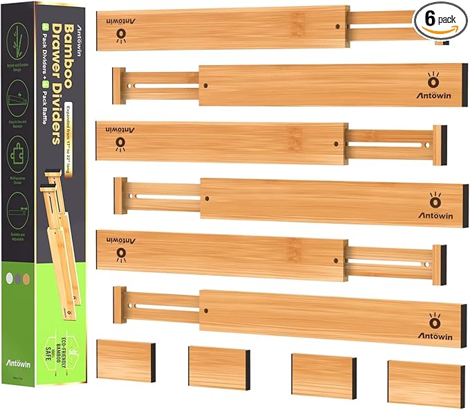 Bamboo Drawer Dividers, Expandable Drawer Separators Splitter, 17-22 inches Adjustable Spring-loaded Organizer for Large Utensil, Clothes, Tools Drawers, 6 Pack Dividers + 4 Pack Baffle by ANTOWIN