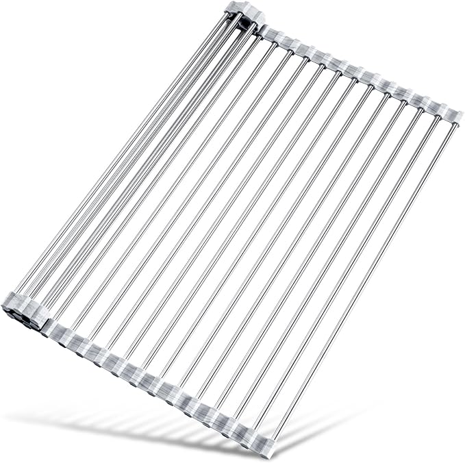 Tomorotec Roll Up Dish Drying Rack Over Sink, 304 Steel, 21x15.5, Marble | Anti-Slip Silicone Rims For Grip, Heat-Resistant Trivet Mat Holding Heavy Cookware, Rustproof Kitchen Counter Space Saver by Tomorotec