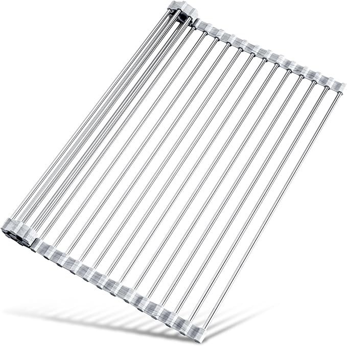 Tomorotec Roll Up Dish Drying Rack Over Sink, 304 Steel, 17.7x15.5, Marble | Anti-Slip Silicone Rims For Grip, Heat-Resistant Trivet Mat Holding Heavy Cookware, Rustproof Kitchen Counter Space Saver by Tomorotec