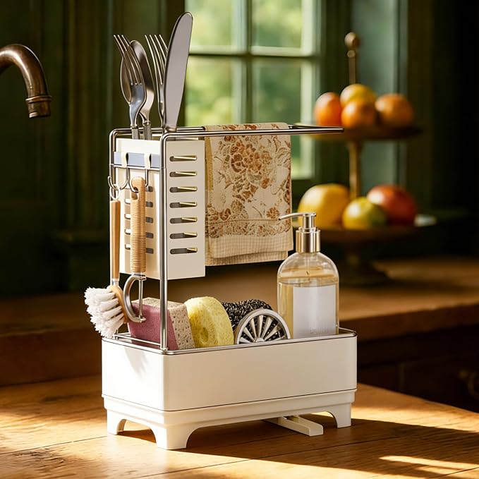 MOUKABAL 2-Tier Sponge Holder for Kitchen Sink Caddy Organizer,Off-white | Large Capacity/Rustproof Stainless Steel/360° Rotating Drain Keeps Counter Dry/Holds Sponge & Soap Bottle/Easy-Clean Tray - Image 2