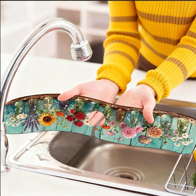 2 Pcs Kitchen Sink Splash Guard Faucet Mat Colored Glass Vases with Plants Pattern Faucet Mat for Sinks Roses Absorbing Drying Mat for Kitchen Bathroom, 23.6x5.5inch - Image 6