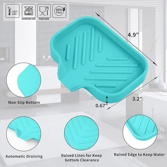 MicoYang Silicone Soap Dish with Drain Spout, Self-Draining Sink Organizer Tray for Bathroom and Kitchen, Sponges, Dispensers and Soap Holder, Non-Slip and Dishwasher Safe, Mint (Compact, 4.9"×3.2") - Image 2