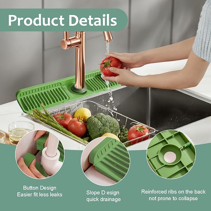 24 Inch Silicone Faucet Mat for Kitchen Sink Splash Guard Folding Faucet Mat with Button Lock Water Draining Pad for Kitchen Bathroom Bar(Green) - Image 3